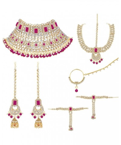 Indian Traditional Bridal Choker Necklace Matha Patti Nose Ring Haath Phool Earrings Bollywood Jewelry Rani Pink $29.44 Jewel...