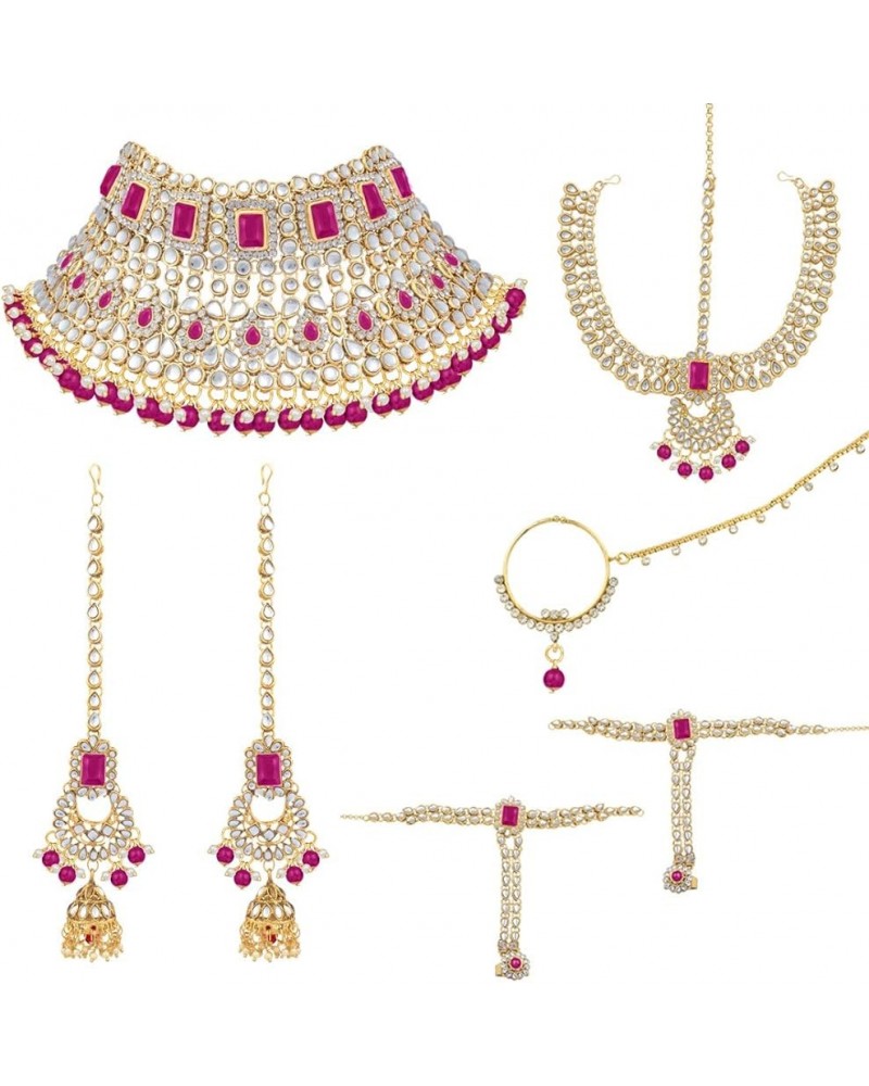 Indian Traditional Bridal Choker Necklace Matha Patti Nose Ring Haath Phool Earrings Bollywood Jewelry Rani Pink $29.44 Jewel...