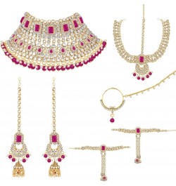 Indian Traditional Bridal Choker Necklace Matha Patti Nose Ring Haath Phool Earrings Bollywood Jewelry Rani Pink $29.44 Jewel...