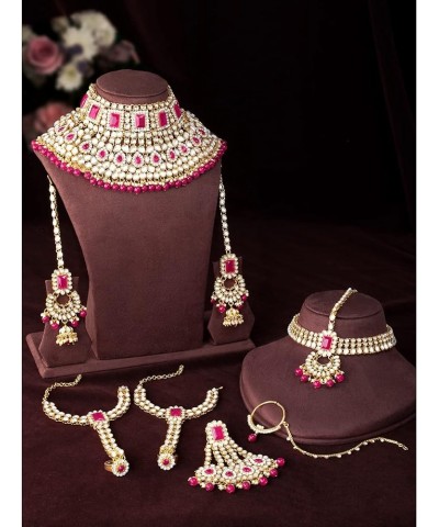 Indian Traditional Bridal Choker Necklace Matha Patti Nose Ring Haath Phool Earrings Bollywood Jewelry Rani Pink $29.44 Jewel...