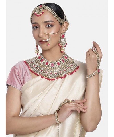 Indian Traditional Bridal Choker Necklace Matha Patti Nose Ring Haath Phool Earrings Bollywood Jewelry Rani Pink $29.44 Jewel...