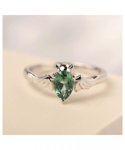 S925 Sterling Silver Gemstone Ring Pear Shaped 7X5 MM Unique Bat Ring Animal Promise Ring Gifts for Women Girls Created Green...