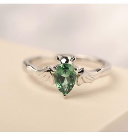 S925 Sterling Silver Gemstone Ring Pear Shaped 7X5 MM Unique Bat Ring Animal Promise Ring Gifts for Women Girls Created Green...