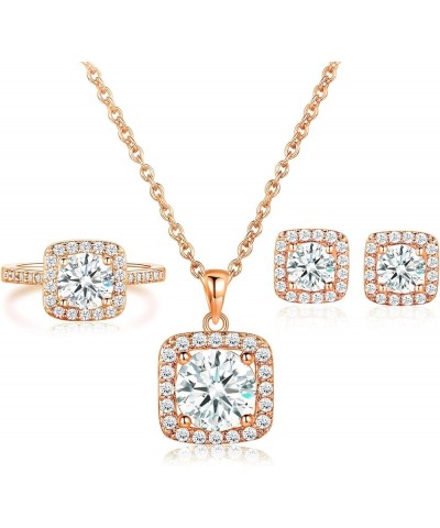 Jewelry Set for Women, 18K Rose Gold Plated Halo Cubic Zirconia Necklace/Earrings/Rings Wedding Hypoallergenic Jewelry Three-...