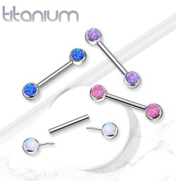 Dynamique Implant Grade Titanium Threadless Push in Nipple Barbell with Opal Bezel Set Forward Facing Flat Tops (Sold Per Pai...