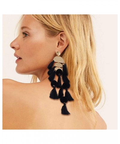 Long Tassel Earrings Statement Bohemian Pom Ball Handmade Drop Dangle Earrings for Women Girls A-Long Tassel-Black $4.76 Earr...