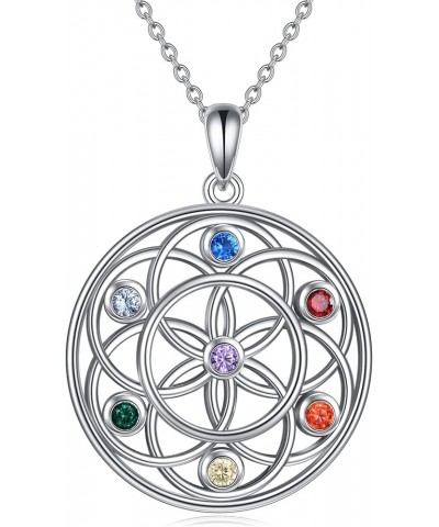 Chakra Necklace Sterling Silver 7 Chakra Gemstone Pendant Spiritual Yoga Jewelry for Women Girls Men Flower of life pendant $...