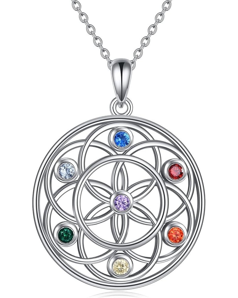 Chakra Necklace Sterling Silver 7 Chakra Gemstone Pendant Spiritual Yoga Jewelry for Women Girls Men Flower of life pendant $...