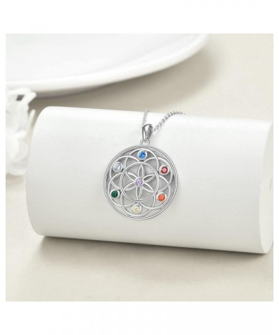 Chakra Necklace Sterling Silver 7 Chakra Gemstone Pendant Spiritual Yoga Jewelry for Women Girls Men Flower of life pendant $...