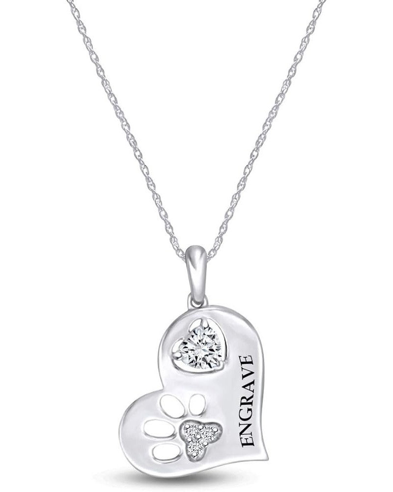 Personalized Engraved Simulated Birthstone & Diamond Accent Paw Print Heart Pendant Necklace in 14k White Gold Over Sterling ...