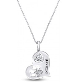 Personalized Engraved Simulated Birthstone & Diamond Accent Paw Print Heart Pendant Necklace in 14k White Gold Over Sterling ...