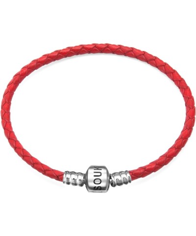 Genuine Black Leather Woven Bracelet with 925 Sterling Silver Barrel Snap Clasp Bead Bracelet for Charms Red (19 cm-7.5 inche...