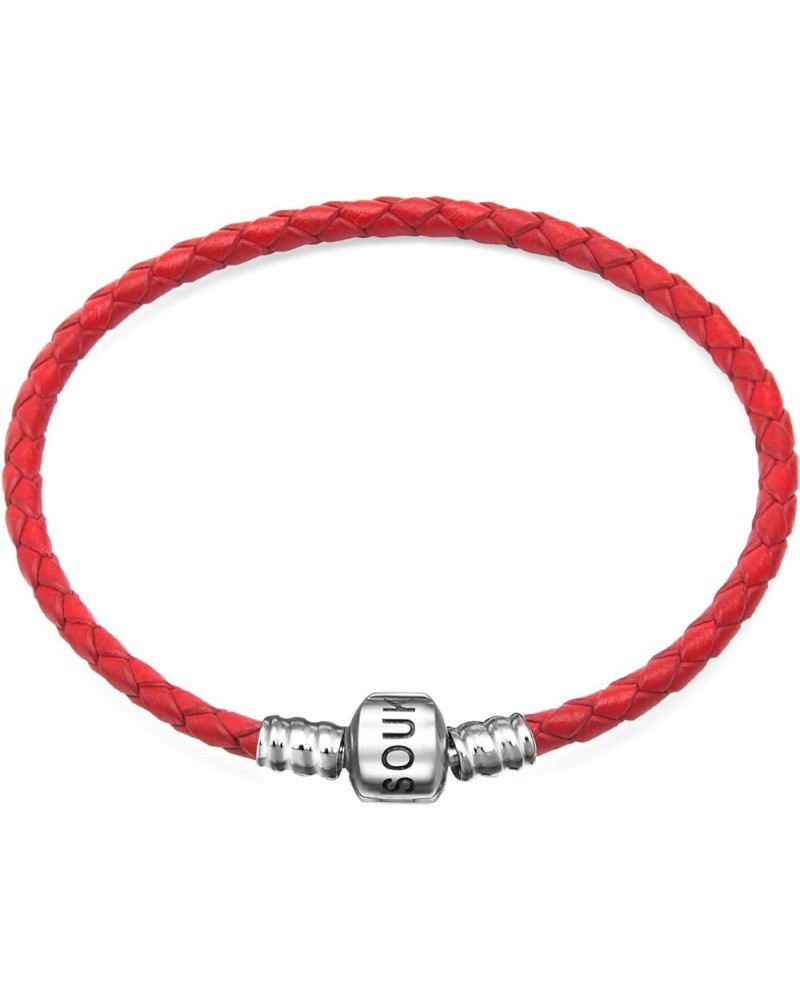 Genuine Black Leather Woven Bracelet with 925 Sterling Silver Barrel Snap Clasp Bead Bracelet for Charms Red (19 cm-7.5 inche...