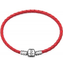 Genuine Black Leather Woven Bracelet with 925 Sterling Silver Barrel Snap Clasp Bead Bracelet for Charms Red (19 cm-7.5 inche...