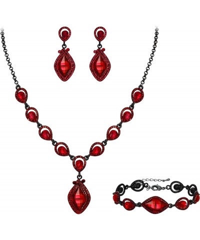 Bridal Wedding Crystal Marquise Teardrop Pendant Necklace Earrings Bracelet Set for Prom Red Black-Tone $18.87 Jewelry Sets