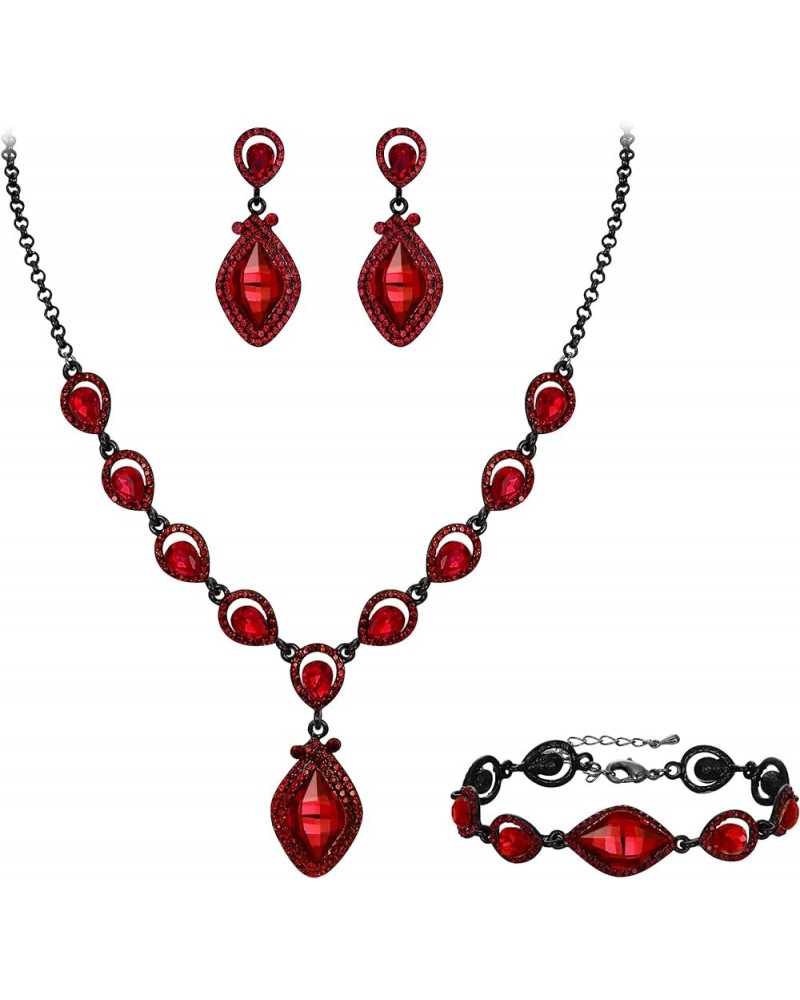 Bridal Wedding Crystal Marquise Teardrop Pendant Necklace Earrings Bracelet Set for Prom Red Black-Tone $18.87 Jewelry Sets