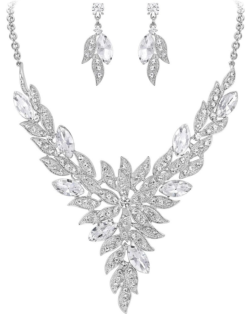 Women's Wedding Bridal Crystal Multi Leaf Statement Necklace Dangle Earrings Set Clear Silver-Tone $12.64 Jewelry Sets