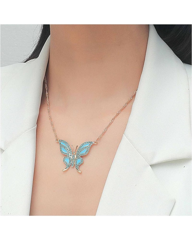 Boho Blue Crystal Butterfly Necklace Large Butterfly Pendant Necklace Blue Enamel Butterfly Necklace Rhinestone Butterfly Nec...