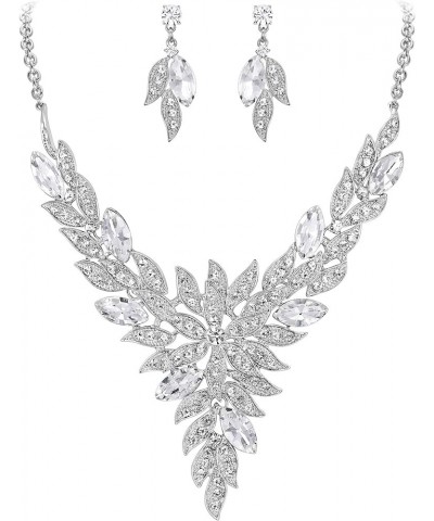 Women's Wedding Bridal Crystal Multi Leaf Statement Necklace Dangle Earrings Set Clear Silver-Tone $12.64 Jewelry Sets