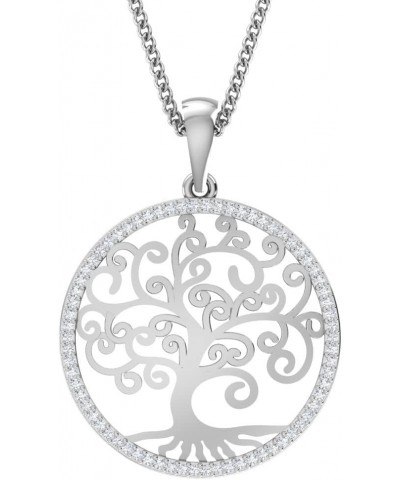 0.21 Ct Tw Natural Diamond Tree Of Life Round Shape Pendant 18" Necklace In 925 Sterling Silver For Women | Gift Box Included...