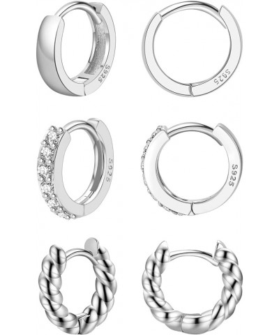 3 Pairs 925 Sterling Silver Small Huggie Hoop Earrings for Women, Hypoallergenic Cubic Zirconia Hoops Huggie Earrings, Twiste...