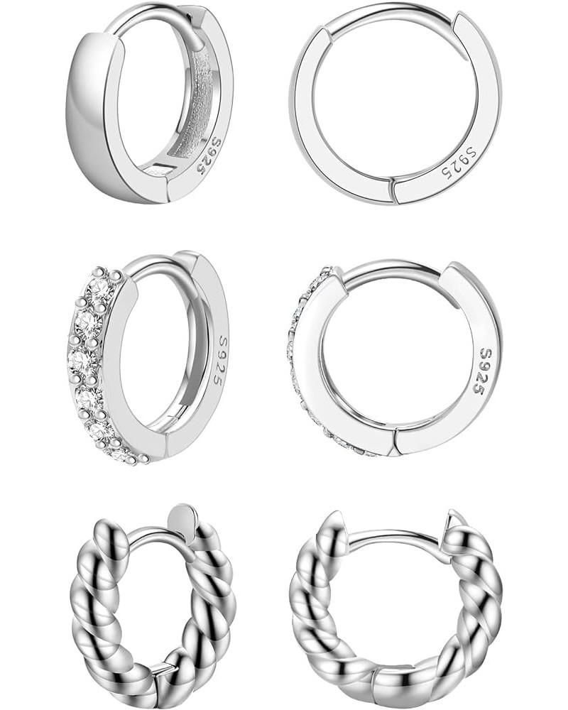 3 Pairs 925 Sterling Silver Small Huggie Hoop Earrings for Women, Hypoallergenic Cubic Zirconia Hoops Huggie Earrings, Twiste...