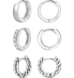 3 Pairs 925 Sterling Silver Small Huggie Hoop Earrings for Women, Hypoallergenic Cubic Zirconia Hoops Huggie Earrings, Twiste...