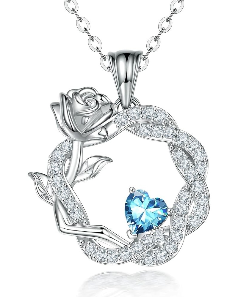 925 Sterling Silver Promise Forever Love Rose Flower Heart Birthstones Necklaces for Women with Cubic Zirconia Anniversary Bi...