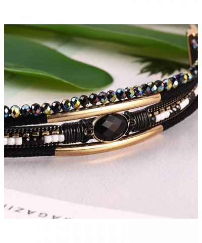 Leather Wrap Bracelets Crystal Beads Bracelet Boho Cuff Stone Charm Bracelets with Clasp Costume Jewelry for Women Black $7.7...