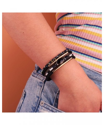 Leather Wrap Bracelets Crystal Beads Bracelet Boho Cuff Stone Charm Bracelets with Clasp Costume Jewelry for Women Black $7.7...