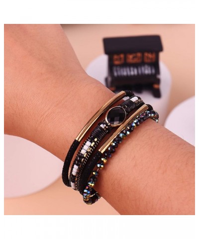 Leather Wrap Bracelets Crystal Beads Bracelet Boho Cuff Stone Charm Bracelets with Clasp Costume Jewelry for Women Black $7.7...