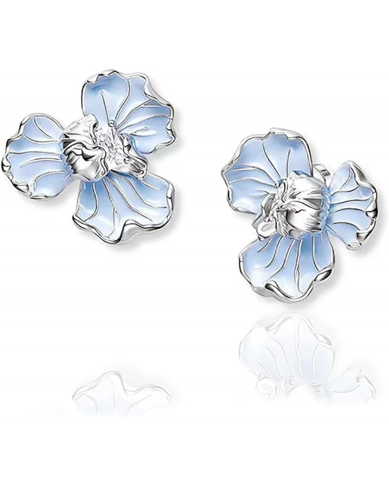 Blue Stud Orchid Earrings for Women Hypoallergenic Sterling Silver Post with Flower Earrings Square Cubic Zirconia Stylish Un...