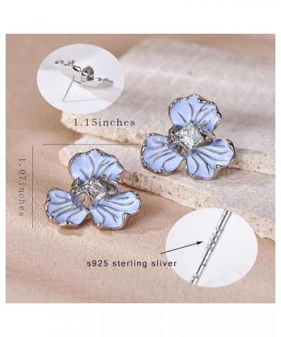 Blue Stud Orchid Earrings for Women Hypoallergenic Sterling Silver Post with Flower Earrings Square Cubic Zirconia Stylish Un...