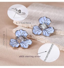 Blue Stud Orchid Earrings for Women Hypoallergenic Sterling Silver Post with Flower Earrings Square Cubic Zirconia Stylish Un...