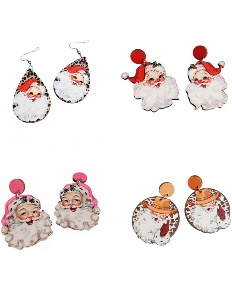 4 Pairs Cute Christmas Santa Claus Wood Dangle Drop Earrings for Women Girl Lightweight Handmade Wooden Xmas Earrings Earring...