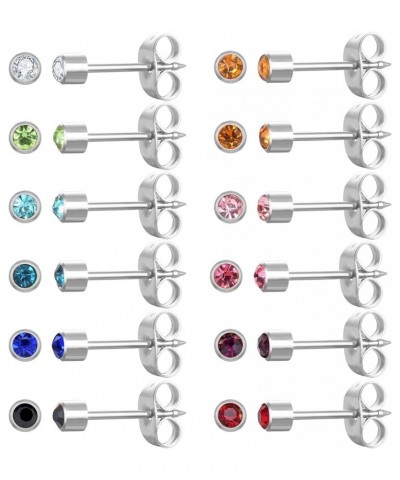 12 Pairs Ear Piercing Stud Earrings, Surgical Stainless Steel Multicolor Cubic Zirconia Birthstone Stud Earrings for Ear Pier...