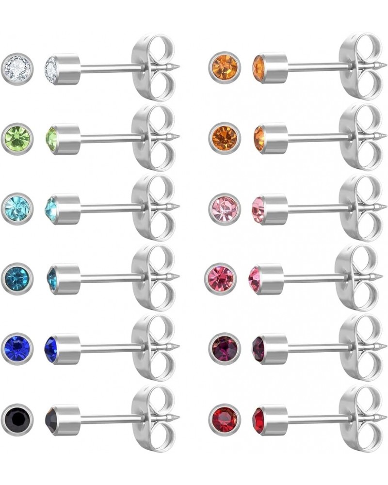 12 Pairs Ear Piercing Stud Earrings, Surgical Stainless Steel Multicolor Cubic Zirconia Birthstone Stud Earrings for Ear Pier...