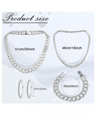 5 Pcs Hip Hop Jewelry Set with Miami Cuban Link Chain Necklace Bracelet Bling Crystal Diamond Watch Rhinestone Earrings Silve...