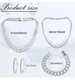 5 Pcs Hip Hop Jewelry Set with Miami Cuban Link Chain Necklace Bracelet Bling Crystal Diamond Watch Rhinestone Earrings Silve...