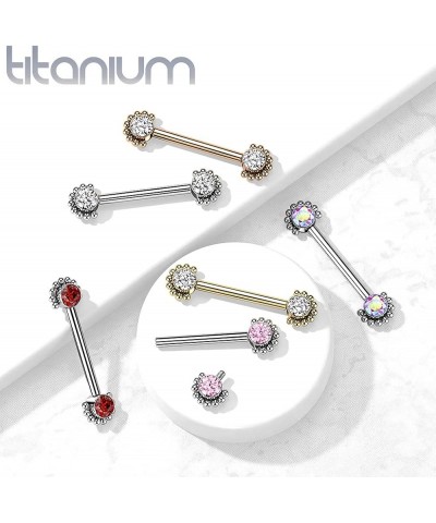 Dynamique Implant Grade Titanium Nipple Barbells Internally Threaded With Bezel Set CZ Center And Beaded Edge (Sold Per Pair ...