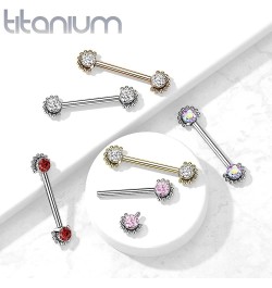 Dynamique Implant Grade Titanium Nipple Barbells Internally Threaded With Bezel Set CZ Center And Beaded Edge (Sold Per Pair ...