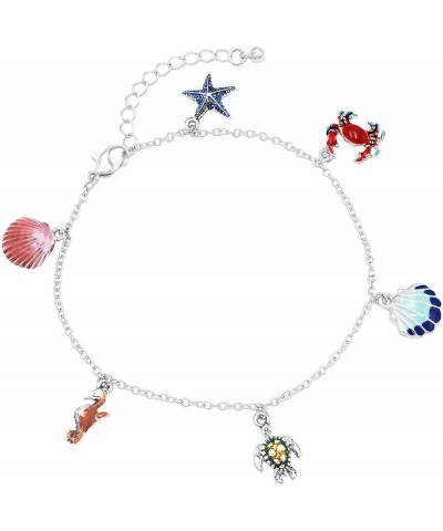 Women's Whimsical Ocean Themed Anklet With Enamel On Polished Silver Tone Charm Ankle Bracelet, 8.5"+2" Extender Sea Creature...