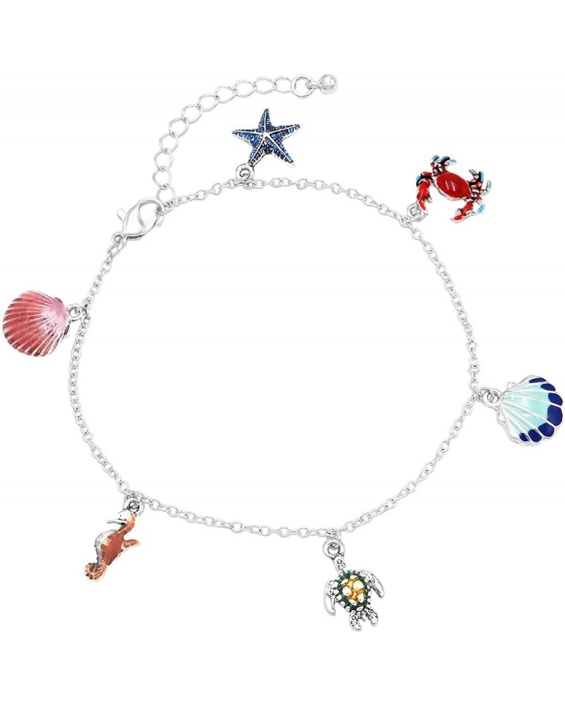 Women's Whimsical Ocean Themed Anklet With Enamel On Polished Silver Tone Charm Ankle Bracelet, 8.5"+2" Extender Sea Creature...