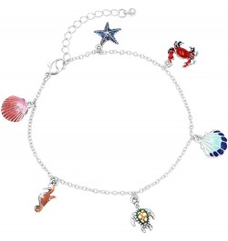 Women's Whimsical Ocean Themed Anklet With Enamel On Polished Silver Tone Charm Ankle Bracelet, 8.5"+2" Extender Sea Creature...