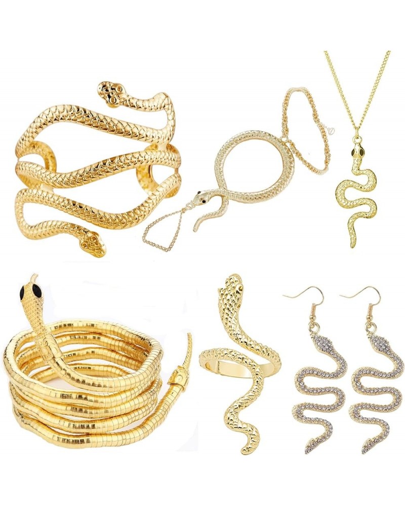 6PCS Gold Snake Jewelry Set,Snake Ring Adjustable Snake Choker Snake Bracelet Snake Earrings Gold Snake Armband Snake Necklac...