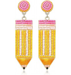 Colorful Beaded Teacher Earrings for Women, Seed Bead Pencil Dangle Earrings, Statement Apple Book Drop Earrings, Teacher App...