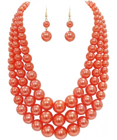 Women's 3 Colorful Multi Strands Simulated Pearl Necklace And Earrings Jewelry Gift Set, 18"+3" Extender Orange Gold Tone - D...