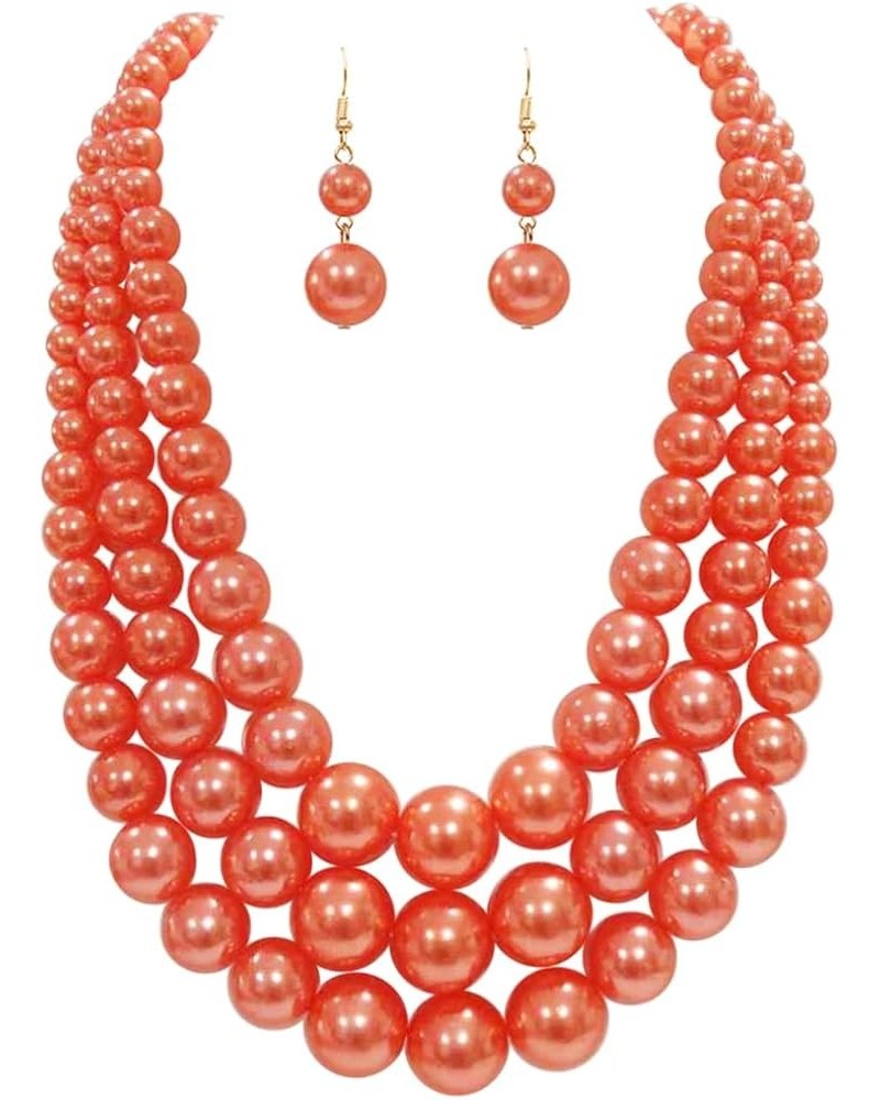 Women's 3 Colorful Multi Strands Simulated Pearl Necklace And Earrings Jewelry Gift Set, 18"+3" Extender Orange Gold Tone - D...