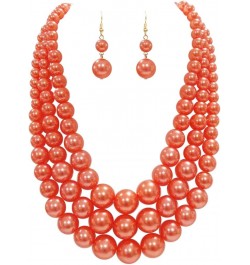 Women's 3 Colorful Multi Strands Simulated Pearl Necklace And Earrings Jewelry Gift Set, 18"+3" Extender Orange Gold Tone - D...