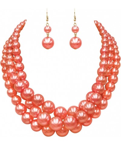 Women's 3 Colorful Multi Strands Simulated Pearl Necklace And Earrings Jewelry Gift Set, 18"+3" Extender Orange Gold Tone - D...